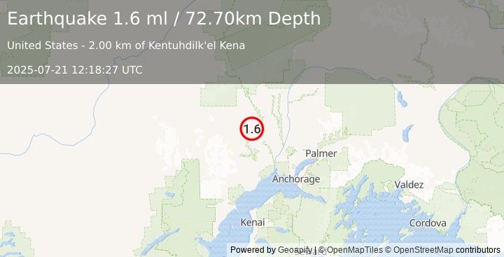 Earthquake 6 km ESE of Skwentna, Alaska (1.6 ml) (2025-07-21 12:18:27 UTC)