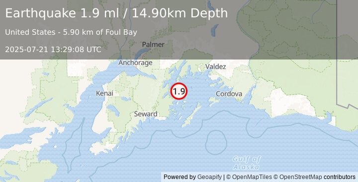 Earthquake 43 km ESE of Whittier, Alaska (1.9 ml) (2025-07-21 13:29:08 UTC)