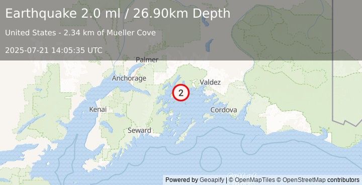 Earthquake 51 km W of Tatitlek, Alaska (2.0 ml) (2025-07-21 14:05:35 UTC)