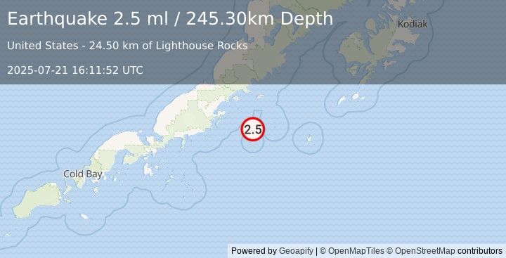 Earthquake 71 km ESE of Chignik, Alaska (2.5 ml) (2025-07-21 16:11:52 UTC)