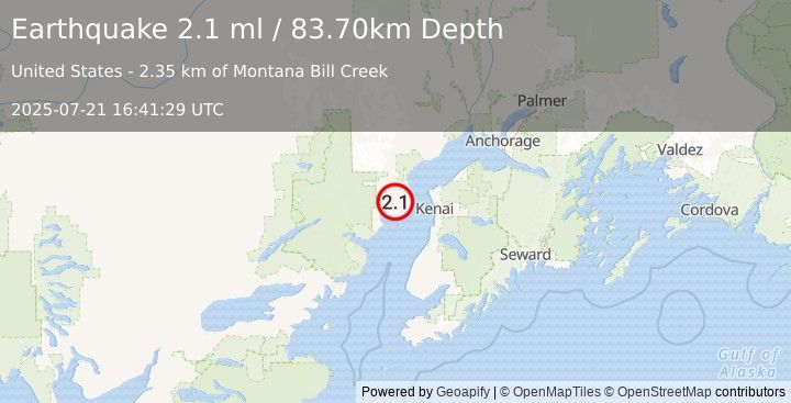 Earthquake 39 km W of Salamatof, Alaska (2.1 ml) (2025-07-21 16:41:29 UTC)