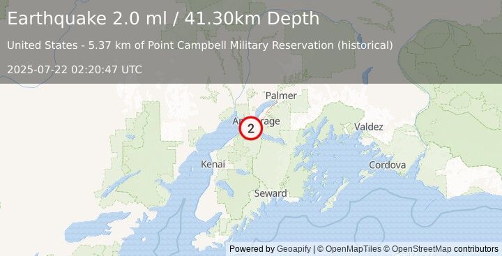 Earthquake 15 km SW of Anchorage, Alaska (2.0 ml) (2025-07-22 02:20:47 UTC)