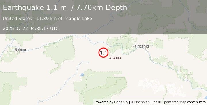 Earthquake 41 km S of Manley Hot Springs, Alaska (1.1 ml) (2025-07-22 04:35:17 UTC)