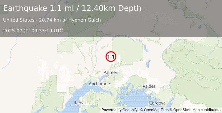 Earthquake 41 km E of Susitna North, Alaska (1.1 ml) (2025-07-22 09:33:19 UTC)