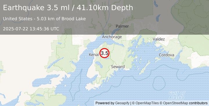 Earthquake 18 km ENE of Sterling, Alaska (3.5 ml) (2025-07-22 13:45:36 UTC)