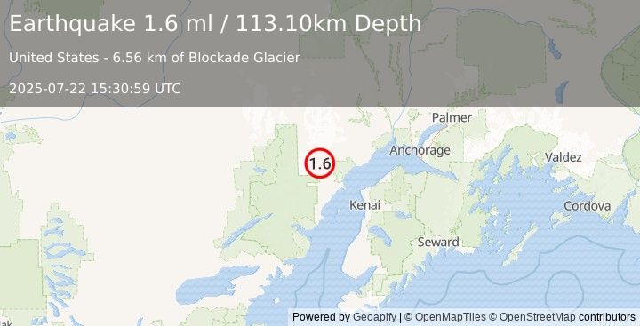 Earthquake 66 km W of Tyonek, Alaska (1.6 ml) (2025-07-22 15:30:59 UTC)