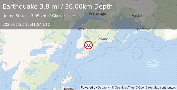 Earthquake 15 km ESE of Fox River, Alaska (3.8 ml) (2025-07-22 15:41:54 UTC)