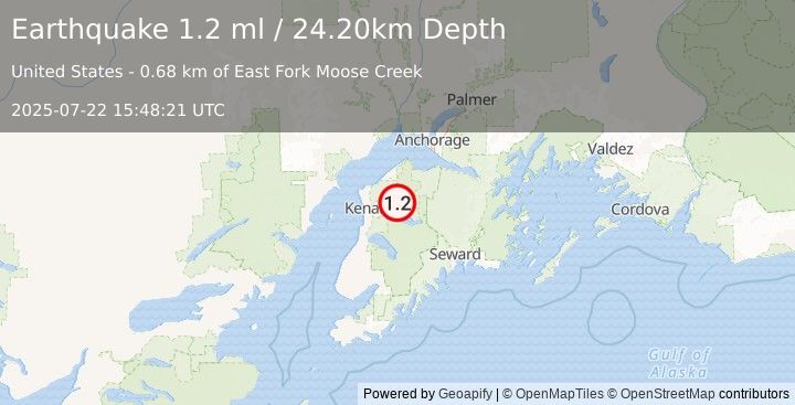 Earthquake 12 km NE of Sterling, Alaska (1.2 ml) (2025-07-22 15:48:21 UTC)