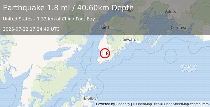 Earthquake 5 km SW of Halibut Cove, Alaska (1.8 ml) (2025-07-22 17:24:49 UTC)
