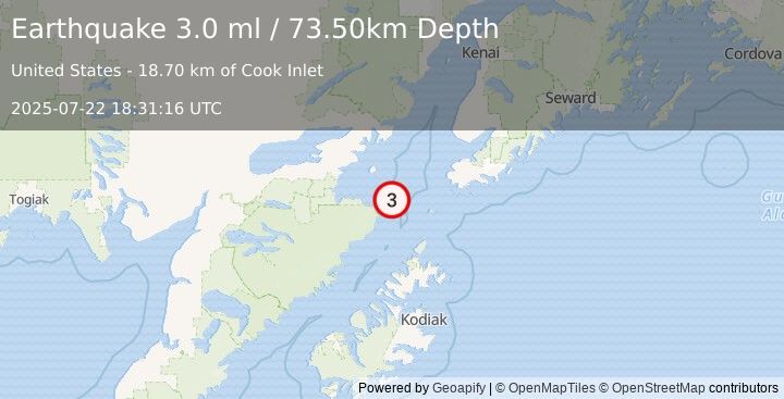 Earthquake 72 km WSW of Nanwalek, Alaska (3.0 ml) (2025-07-22 18:31:16 UTC)