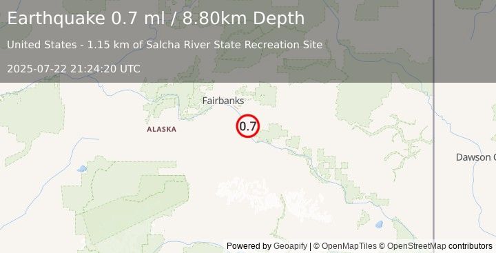 Earthquake 4 km S of Salcha, Alaska (0.7 ml) (2025-07-22 21:24:20 UTC)