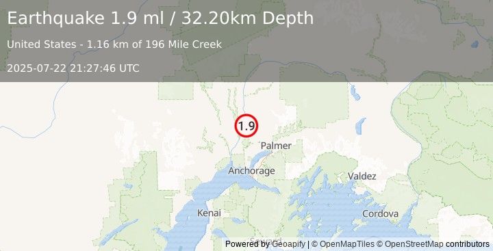 Earthquake 17 km N of Willow, Alaska (1.9 ml) (2025-07-22 21:27:46 UTC)