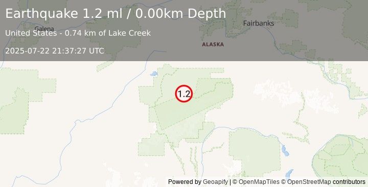 Earthquake 39 km E of Denali National Park, Alaska (1.2 ml) (2025-07-22 21:37:27 UTC)