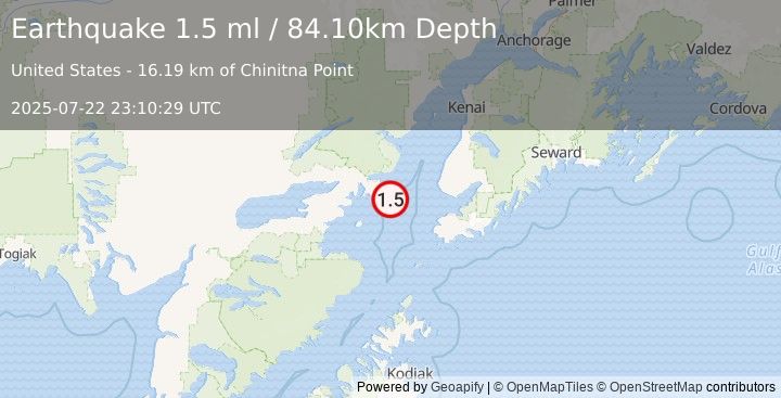 Earthquake 57 km WSW of Anchor Point, Alaska (1.5 ml) (2025-07-22 23:10:29 UTC)