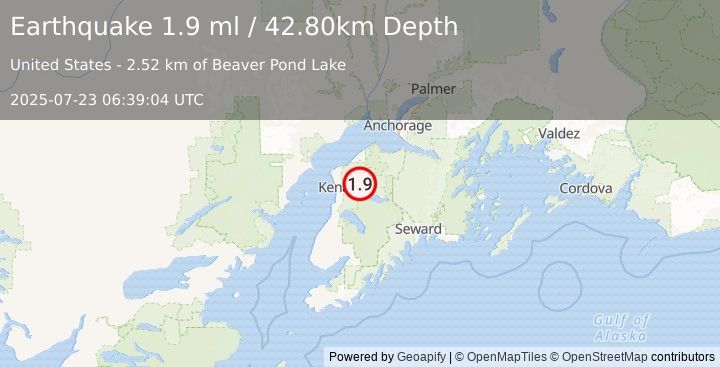 Earthquake 6 km NNE of Sterling, Alaska (1.9 ml) (2025-07-23 06:39:04 UTC)
