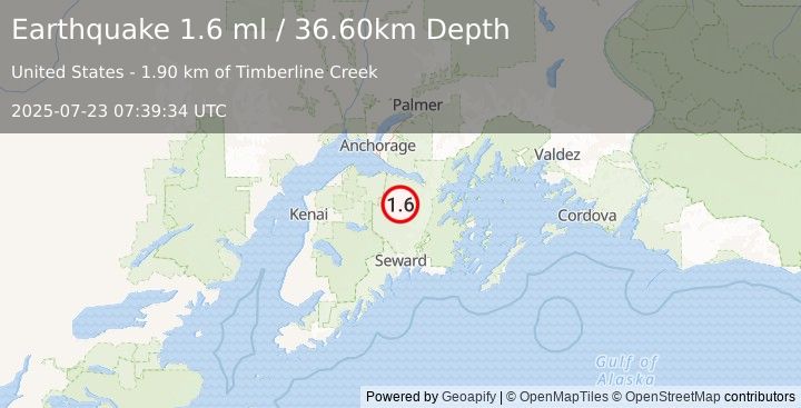 Earthquake 18 km NNW of Moose Pass, Alaska (1.6 ml) (2025-07-23 07:39:34 UTC)