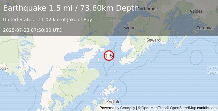 Earthquake 47 km WNW of Nanwalek, Alaska (1.5 ml) (2025-07-23 07:50:30 UTC)