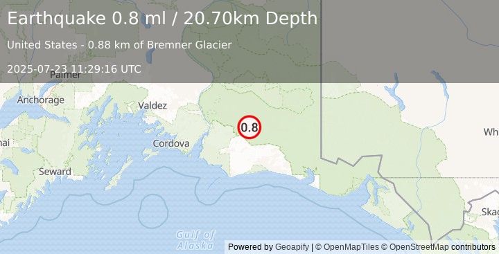 Earthquake 73 km SSW of McCarthy, Alaska (0.8 ml) (2025-07-23 11:29:16 UTC)