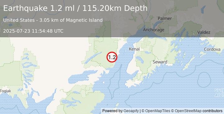 Earthquake 69 km WNW of Ninilchik, Alaska (1.2 ml) (2025-07-23 11:54:48 UTC)