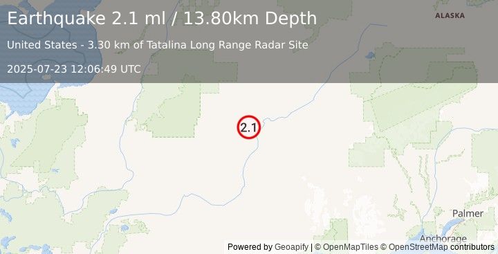 Earthquake 12 km S of Takotna, Alaska (2.1 ml) (2025-07-23 12:06:49 UTC)