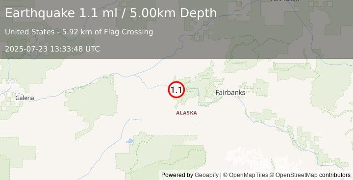 Earthquake 27 km ESE of Manley Hot Springs, Alaska (1.1 ml) (2025-07-23 13:33:48 UTC)