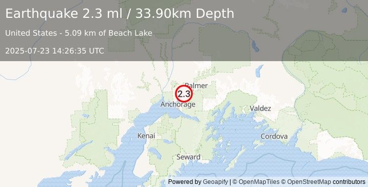 Earthquake 5 km ESE of Knik, Alaska (2.3 ml) (2025-07-23 14:26:35 UTC)