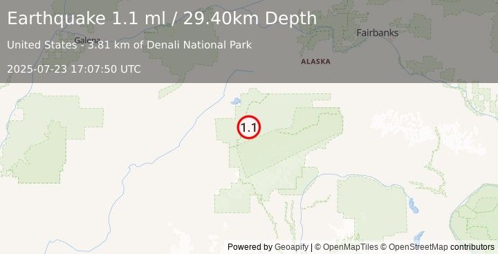 Earthquake 3 km WSW of Denali National Park, Alaska (1.1 ml) (2025-07-23 17:07:50 UTC)