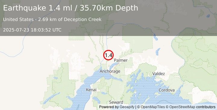 Earthquake 4 km NNE of Willow, Alaska (1.4 ml) (2025-07-23 18:03:52 UTC)