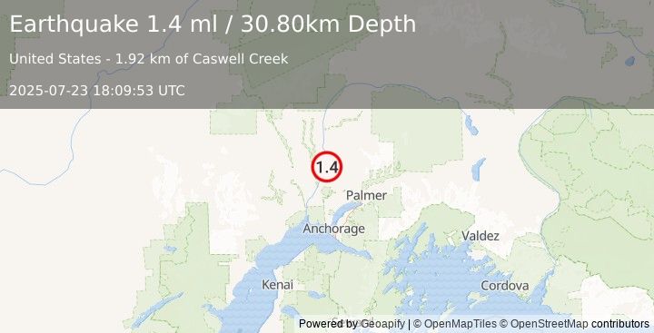 Earthquake 19 km N of Willow, Alaska (1.4 ml) (2025-07-23 18:09:53 UTC)
