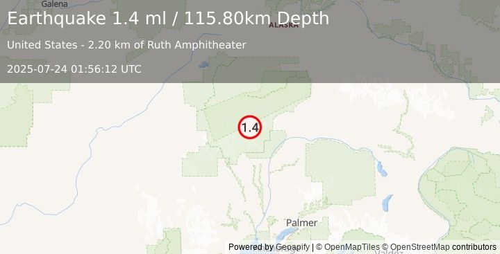 Earthquake 57 km N of Petersville, Alaska (1.4 ml) (2025-07-24 01:56:12 UTC)