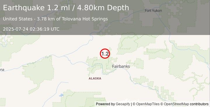 Earthquake 22 km ENE of Minto, Alaska (1.2 ml) (2025-07-24 02:36:19 UTC)