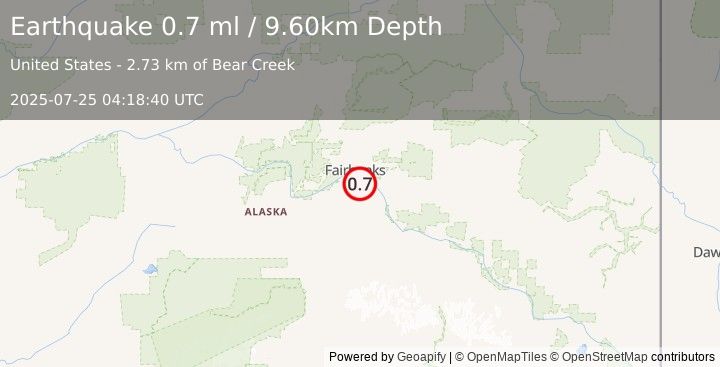 Earthquake 10 km SSW of Badger, Alaska (0.7 ml) (2025-07-25 04:18:40 UTC)