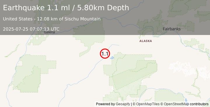 Earthquake 26 km NW of Lake Minchumina, Alaska (1.1 ml) (2025-07-25 07:07:13 UTC)