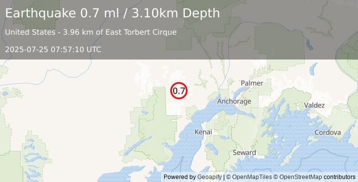 Earthquake 74 km WNW of Beluga, Alaska (0.7 ml) (2025-07-25 07:57:10 UTC)