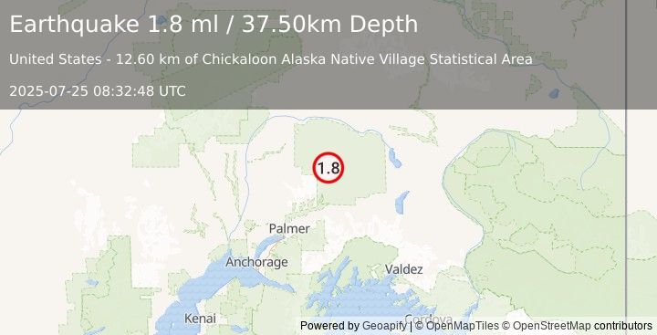 Earthquake 56 km NNE of Chickaloon, Alaska (1.8 ml) (2025-07-25 08:32:48 UTC)