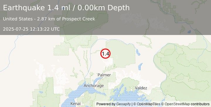 Earthquake 48 km ENE of Susitna North, Alaska (1.4 ml) (2025-07-25 12:13:22 UTC)