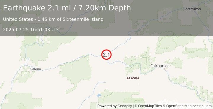 Earthquake 20 km E of Tanana, Alaska (2.1 ml) (2025-07-25 16:51:03 UTC)