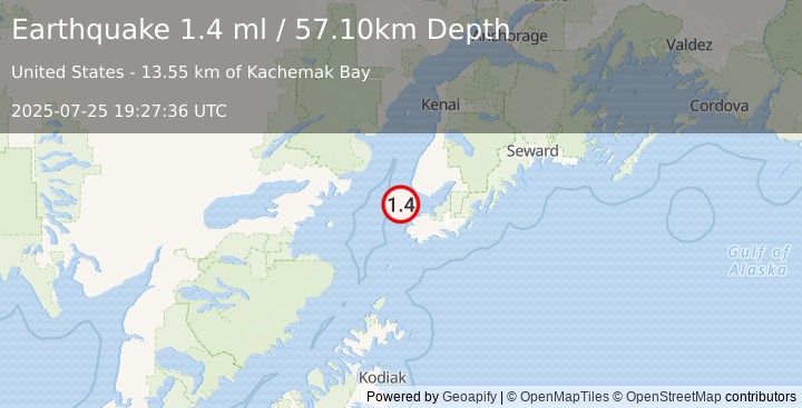 Earthquake 23 km NW of Seldovia, Alaska (1.4 ml) (2025-07-25 19:27:36 UTC)