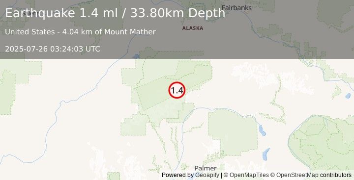 Earthquake 74 km WSW of Cantwell, Alaska (1.4 ml) (2025-07-26 03:24:03 UTC)