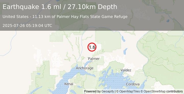Earthquake 32 km ESE of Susitna North, Alaska (1.6 ml) (2025-07-26 05:19:04 UTC)