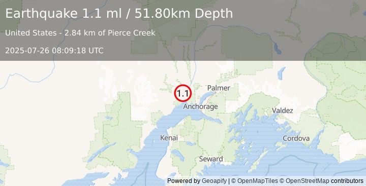 Earthquake 9 km SW of Susitna, Alaska (1.1 ml) (2025-07-26 08:09:18 UTC)