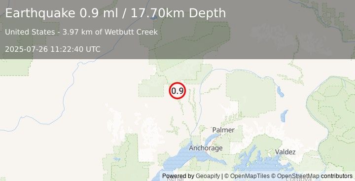 Earthquake 21 km WSW of Petersville, Alaska (0.9 ml) (2025-07-26 11:22:40 UTC)