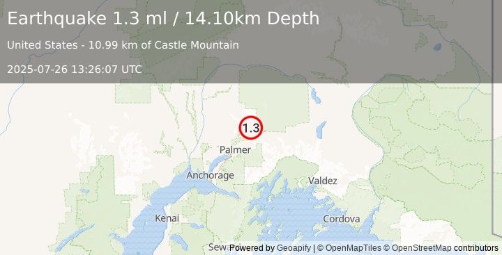 Earthquake 16 km NNW of Chickaloon, Alaska (1.3 ml) (2025-07-26 13:26:07 UTC)