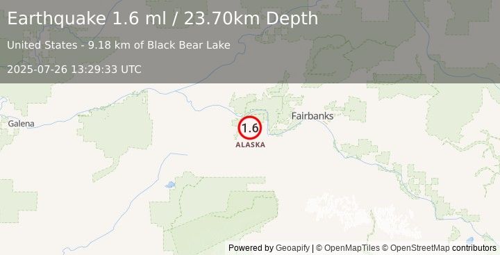 Earthquake 28 km WNW of Four Mile Road, Alaska (1.6 ml) (2025-07-26 13:29:33 UTC)