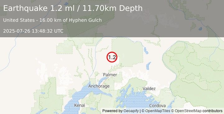 Earthquake 45 km E of Susitna North, Alaska (1.2 ml) (2025-07-26 13:48:32 UTC)