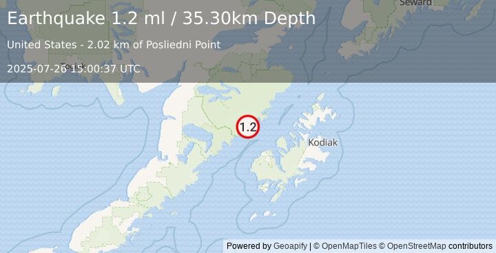 Earthquake 57 km NNW of Karluk, Alaska (1.2 ml) (2025-07-26 15:00:37 UTC)
