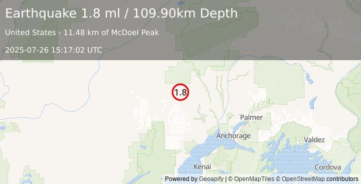 Earthquake 45 km WNW of Skwentna, Alaska (1.8 ml) (2025-07-26 15:17:02 UTC)