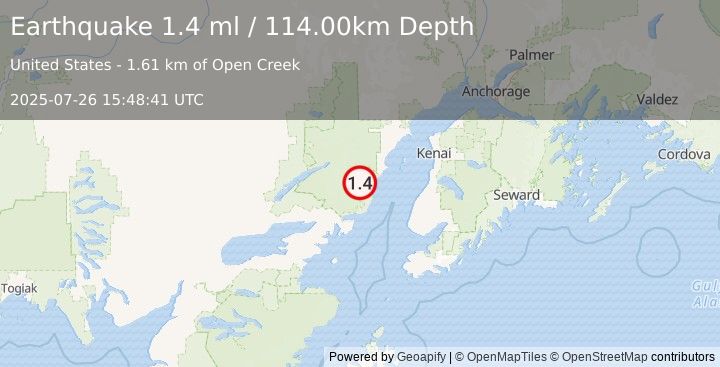 Earthquake 70 km WNW of Ninilchik, Alaska (1.4 ml) (2025-07-26 15:48:41 UTC)