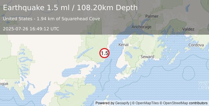 Earthquake 60 km WNW of Ninilchik, Alaska (1.5 ml) (2025-07-26 16:49:12 UTC)