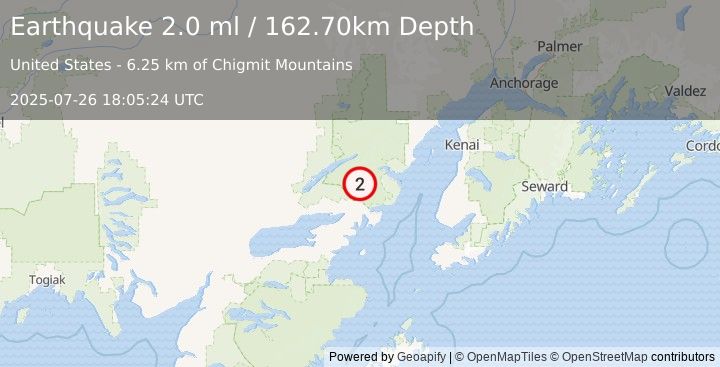 Earthquake 46 km E of Port Alsworth, Alaska (2.0 ml) (2025-07-26 18:05:24 UTC)